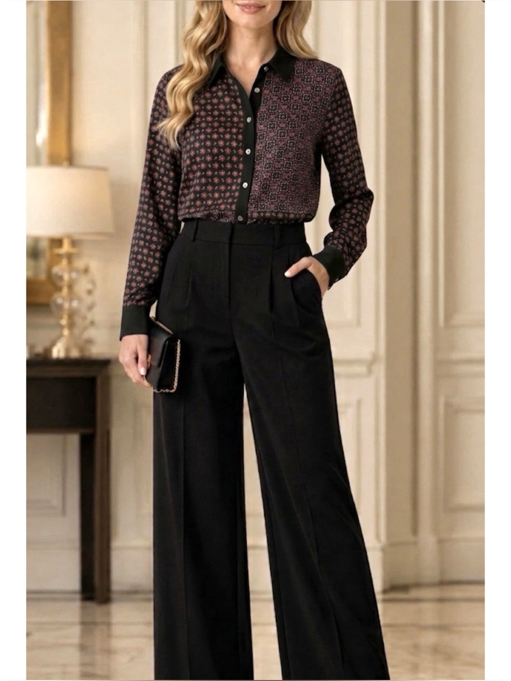 TOMMY HILFIGER WMN SATIN SHIRT M/L MIXED PRINT LIBRARIAN DARK ACADEMIA HERITAGE